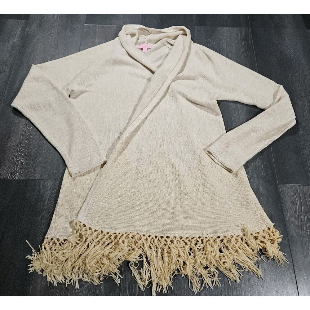 Lilly Pulitzer Long Fringe Hem Cardigan Women XL Cream Gold Metallic Preppy